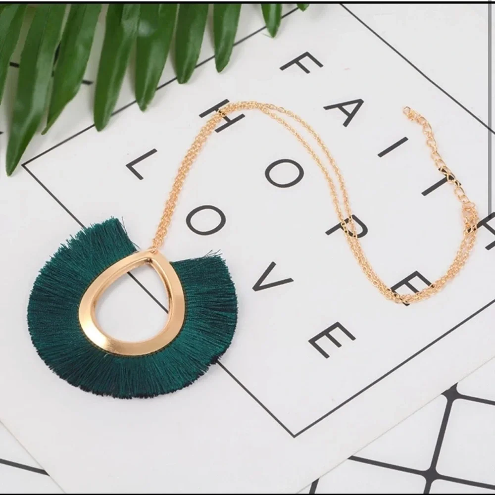 New Vintage Style Ethnic Green Tassel Boho 9k Gold Choker Statement Necklace - Picture 4 of 9